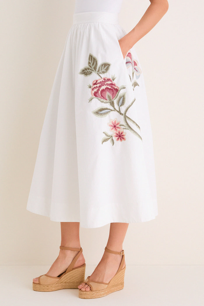 White Floral Embroidered Mirella Midi Skirt