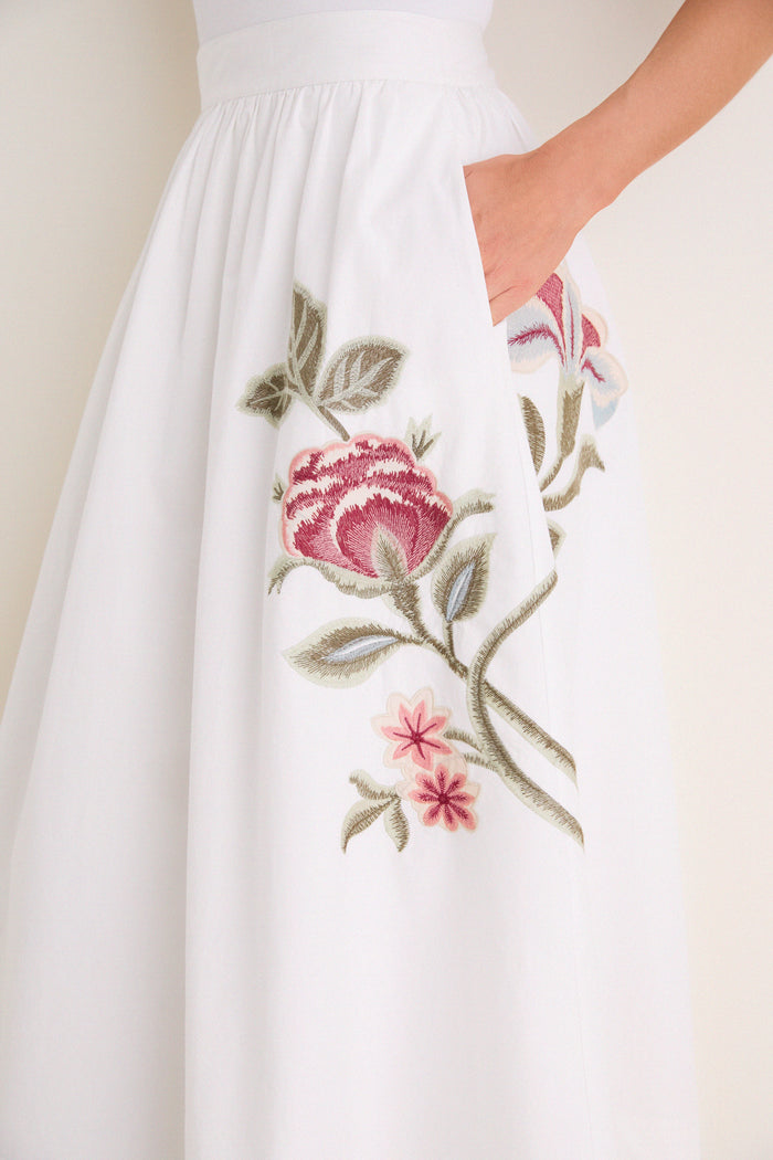 White Floral Embroidered Mirella Midi Skirt