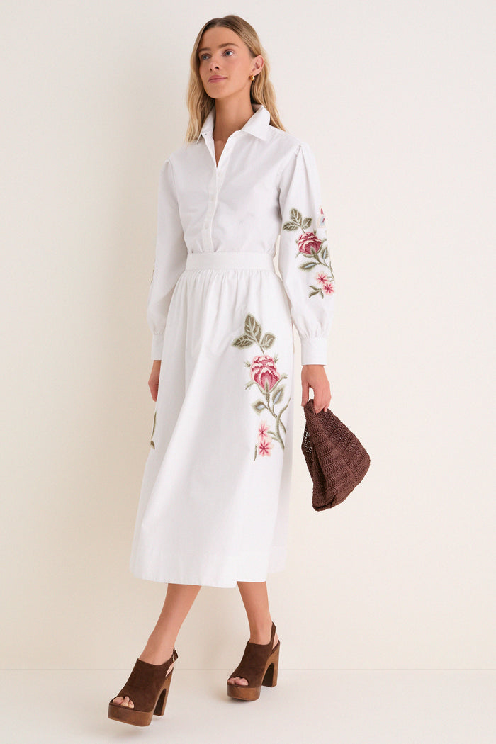 White Floral Embroidered Mirella Midi Skirt
