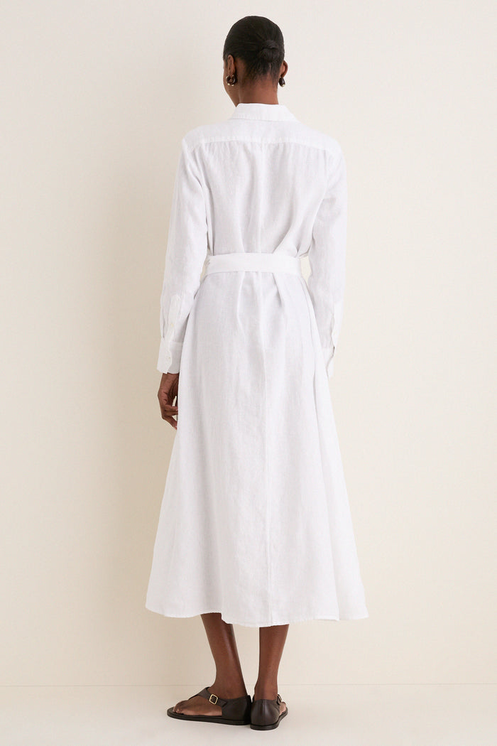 White Linen Woven Collared Long Sleeve Dress