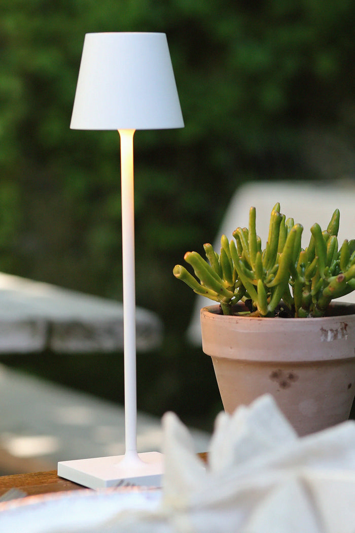 White Poldina Pro Table Micro Lamp, a classic, minimalist cordless lamp with touch control, sits effortlessly next to a fun succulent in an outdoor high-end setting.