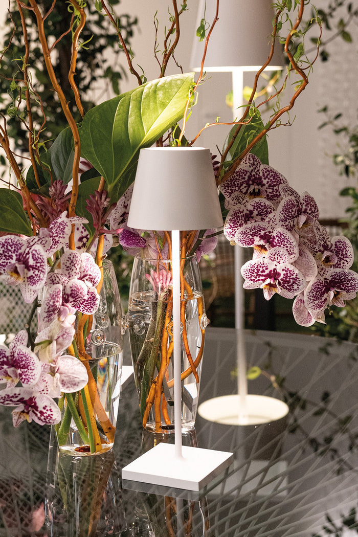 White Poldina Pro Table Micro Lamp illuminates elegantly with a cordless, dimmable design, paired with orchids and foliage in glass vases on a reflective surface.