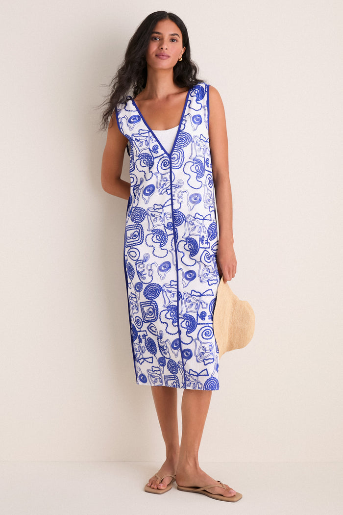 White & Royal Blue Applique Josette Two-Piece Midi Dress