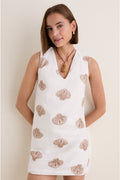 White & Tan Embroidered Seashell Manteo Mini Dress