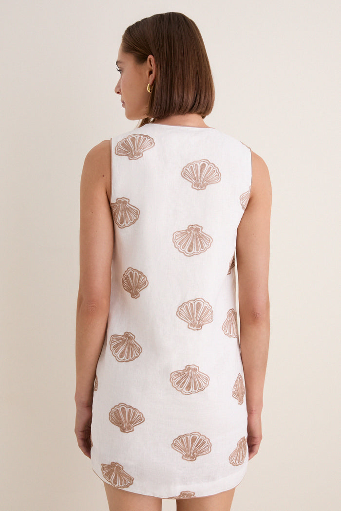 White & Tan Embroidered Seashell Manteo Mini Dress