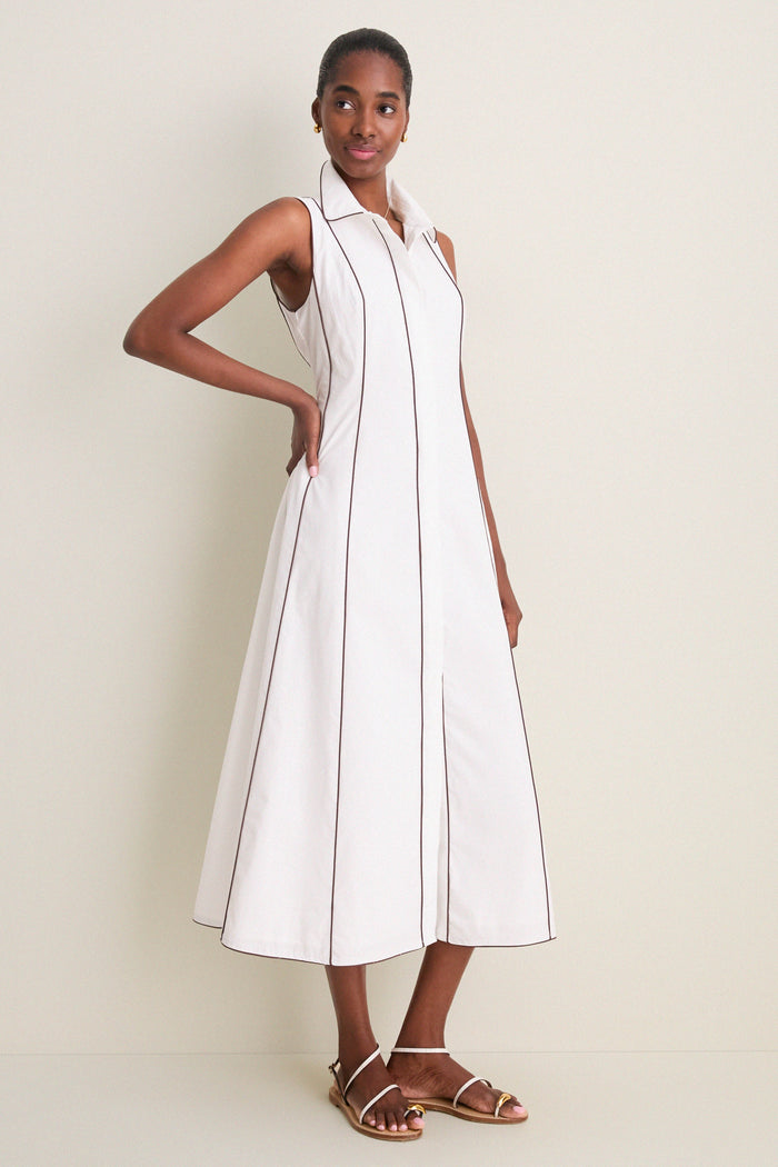 White With Chestnut Piping Fontaine Dress