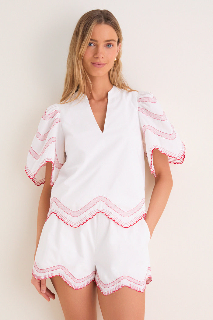 White with Red Embroidery Weston Top