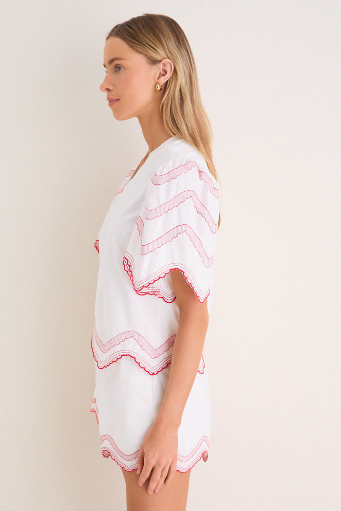White with Red Embroidery Weston Top