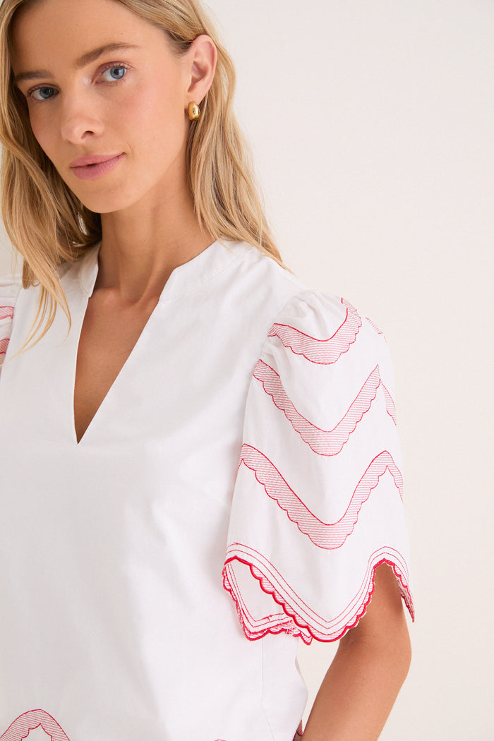 White with Red Embroidery Weston Top