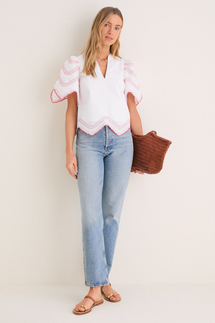 White with Red Embroidery Weston Top