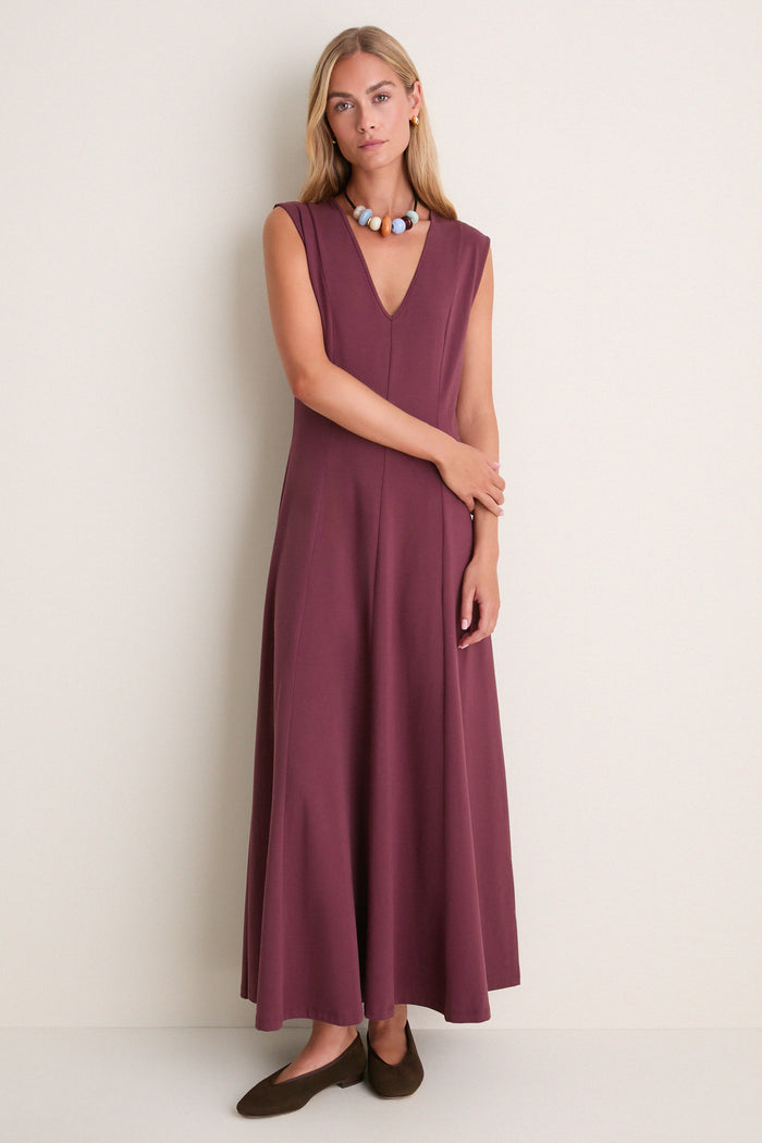 Wine Cotton Jersey Agnes V-neck Dress