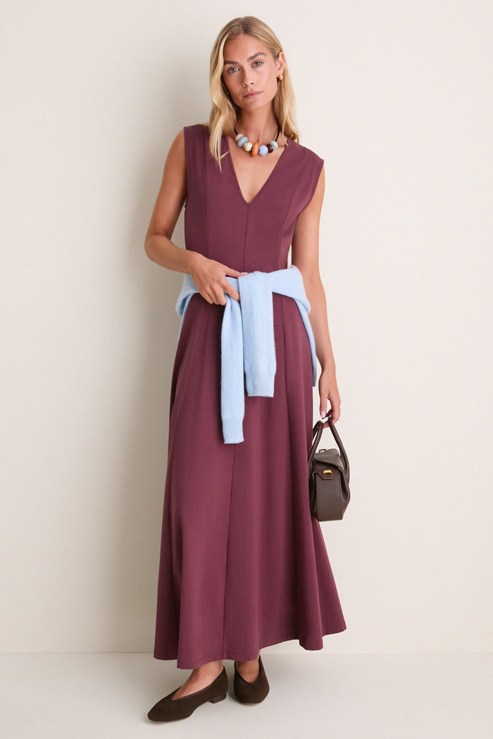 Wine Cotton Jersey Agnes V-neck Dress