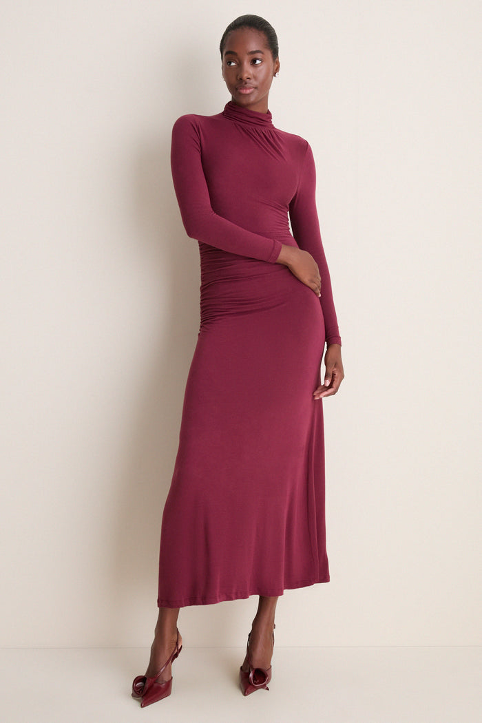Wine High-Neck Long Sleeve Maxi Dress