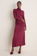 Wine High-Neck Long Sleeve Maxi Dress
