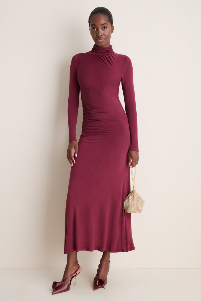 Wine High-Neck Long Sleeve Maxi Dress