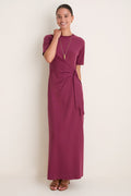 Wine Outono Crew Neck Side Tie Maxi Dress