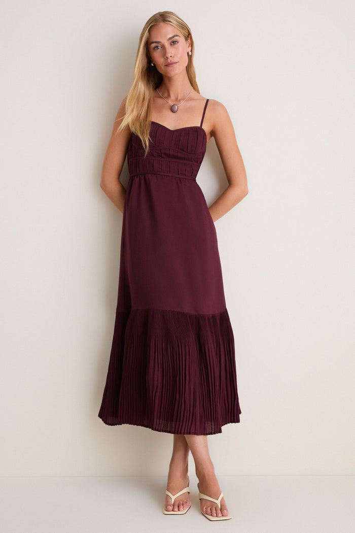 Wine Pleated Sleeveless Midi Dress