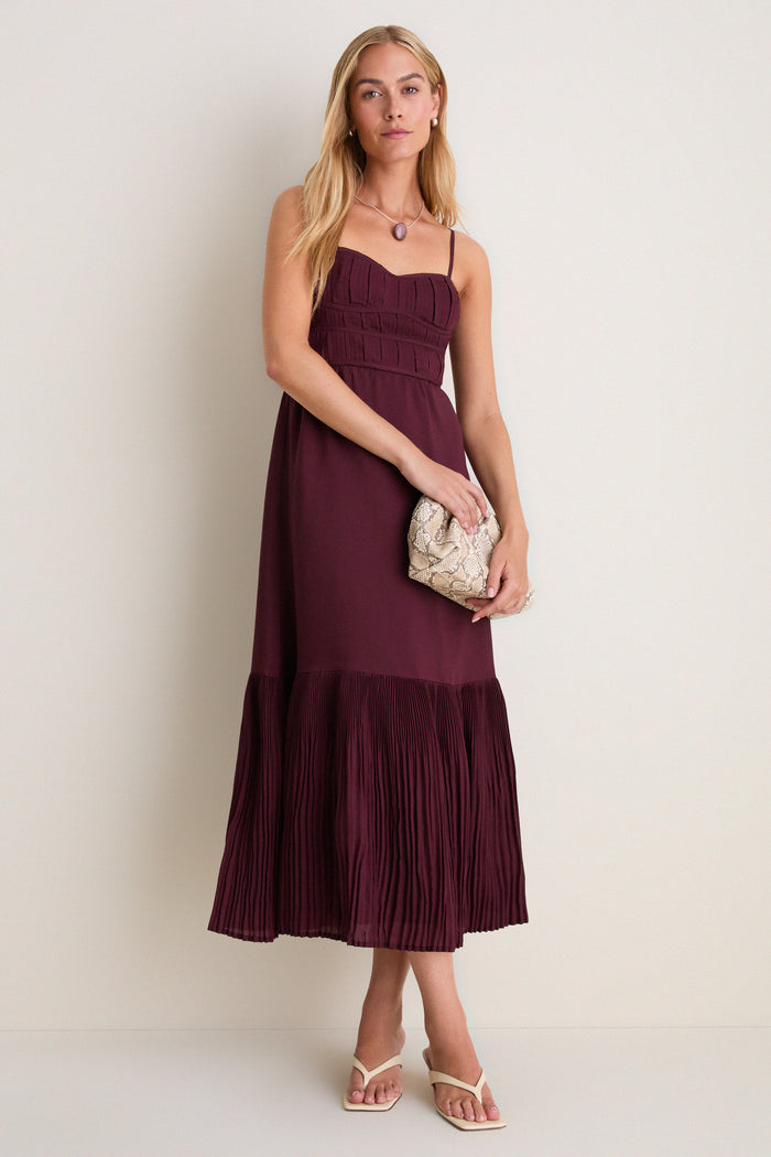 Wine Pleated Sleeveless Midi Dress