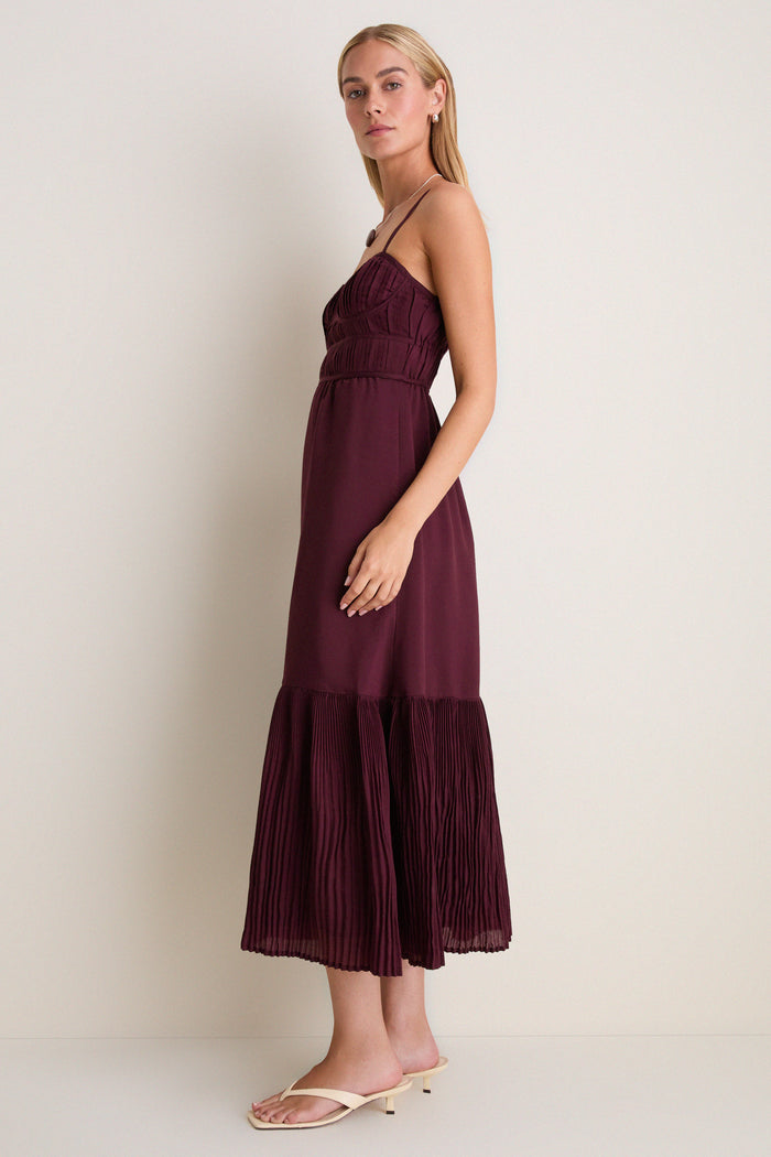 Wine Pleated Sleeveless Midi Dress