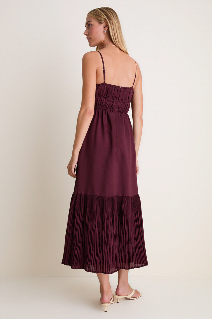 Wine Pleated Sleeveless Midi Dress