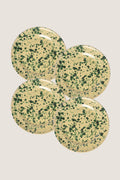 Yellow and Verde Splatter Dinner Plate set of four; ceramic plates with a classic pale yellow base and dark-green splatter, effortlessly blending fun and high-end Italian craftsmanship.