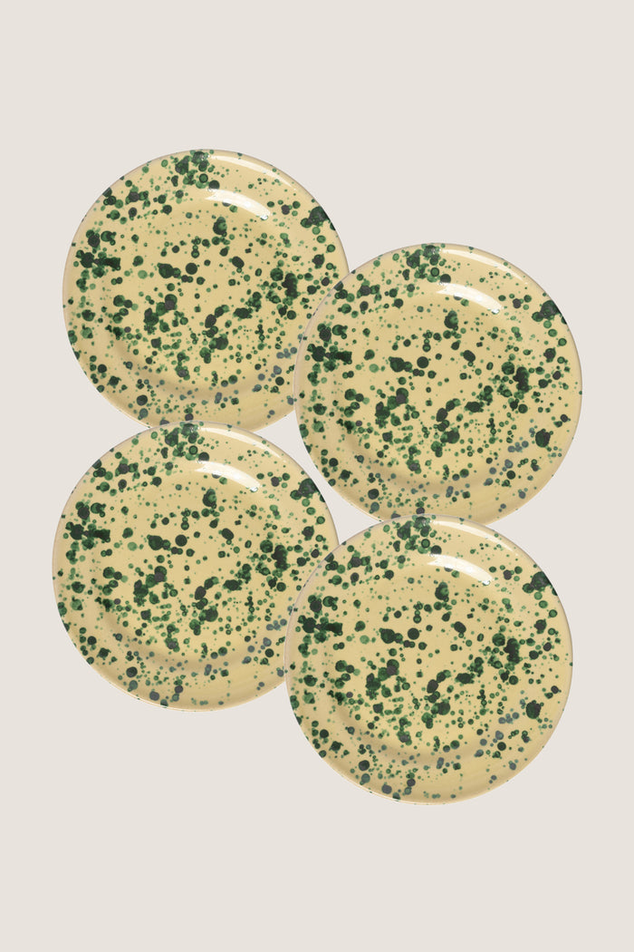 Yellow and Verde Splatter Side Plate set exudes classic, effortless style with fun green speckles, perfect for high-end entertaining. Handmade in Italy, dishwasher safe.